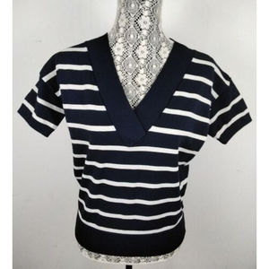 J. Crew Short Sleeve Navy Blue / White Striped V-Neck Sweater Oversized Size XXS